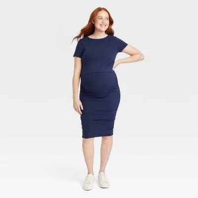 New - Short Sleeve Match Back Knit Maternity Skirt Set - Isabel Maternity by Ingrid & Isabel Navy Blue L