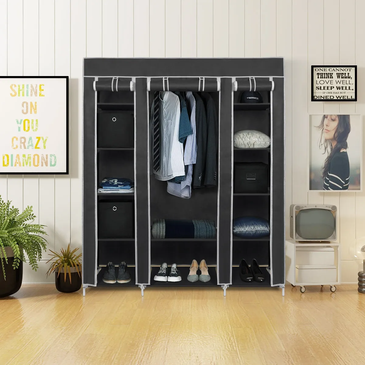 Non-woven Fabric Foldable Wardrobe, Black/Blue Color