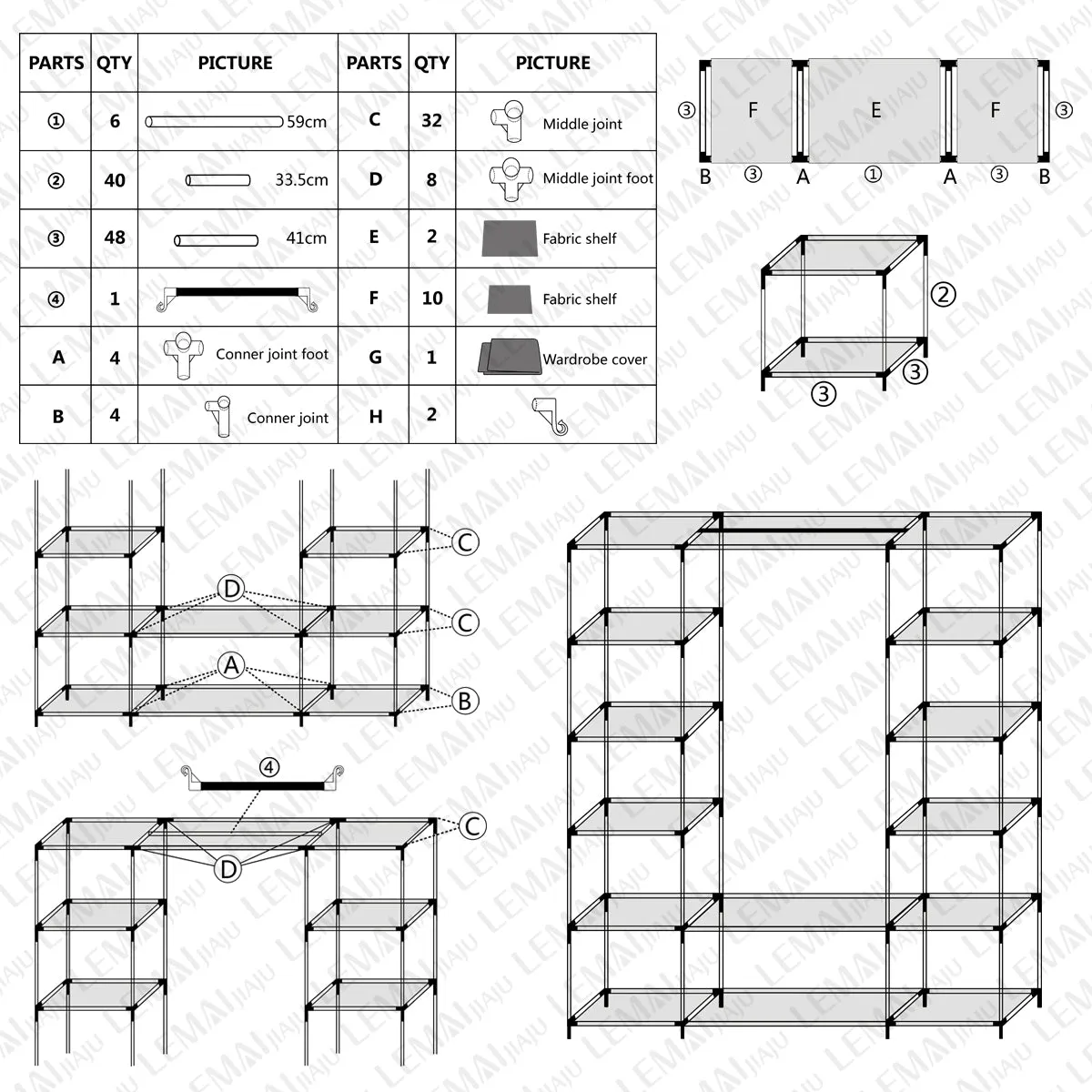 Non-woven Fabric Foldable Wardrobe, Black/Blue Color