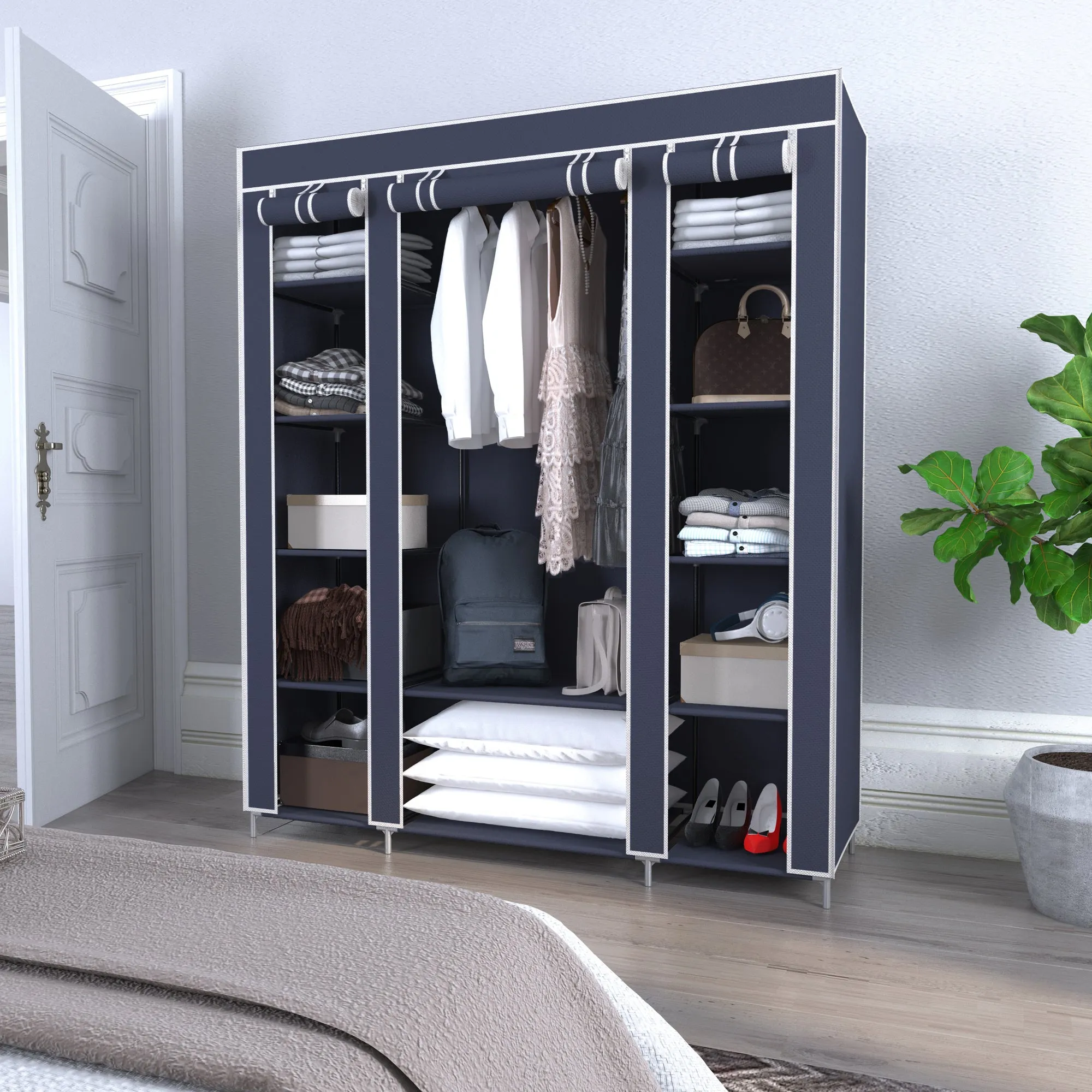 Non-woven Fabric Foldable Wardrobe, Black/Blue Color