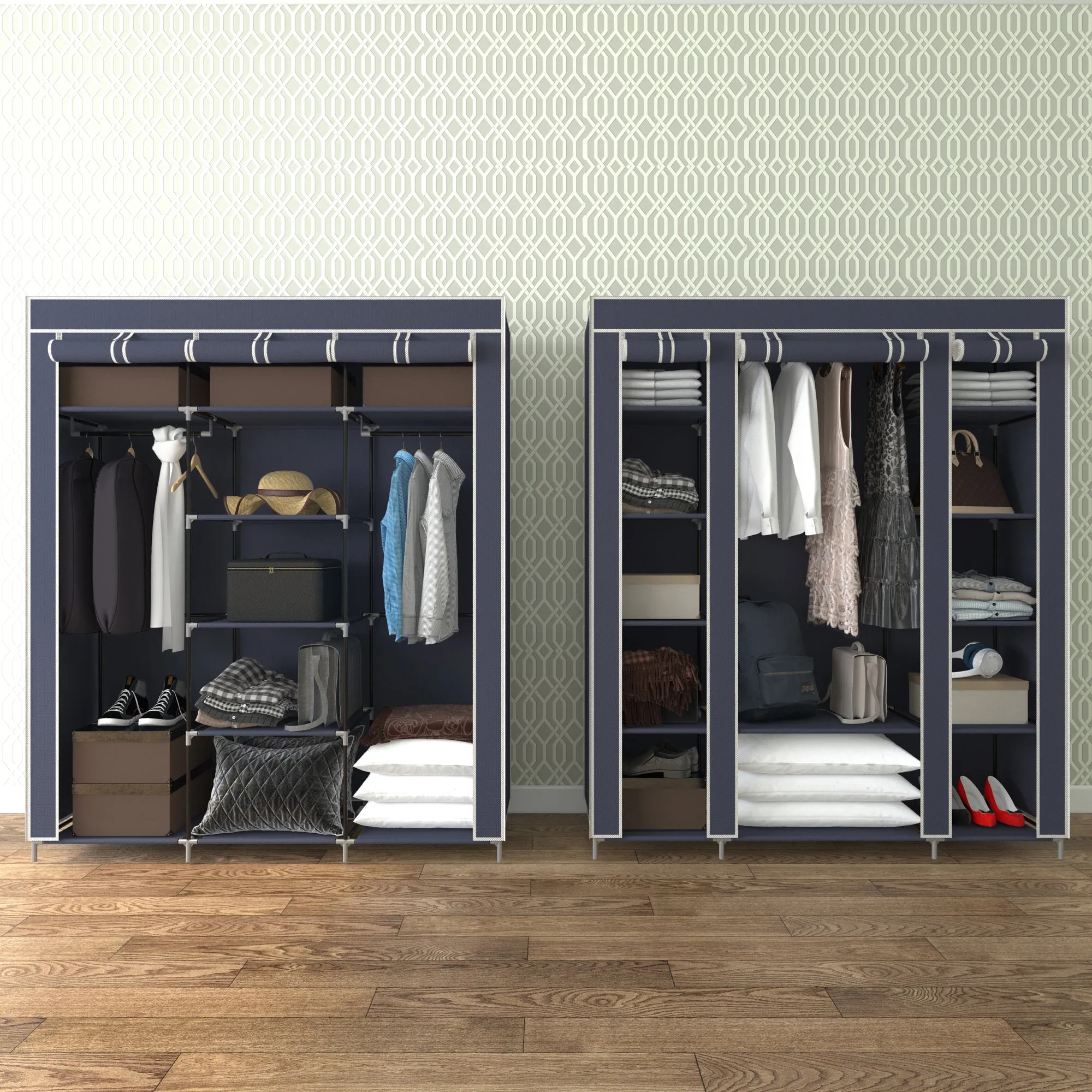 Non-woven Fabric Foldable Wardrobe, Black/Blue Color