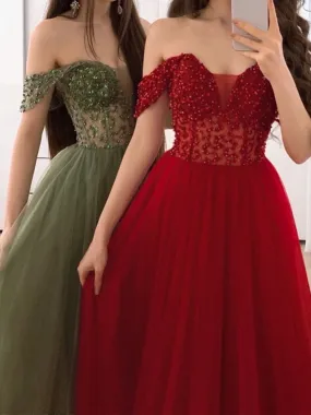 Off Shoulder Burgundy/Green Beaded Sequins Long Prom, Off the Shoulder Wine Red Formal, Green Evening