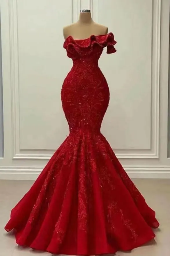 Off Shoulder Red Strapless Glitter Sequins Mermaid Prom Dress