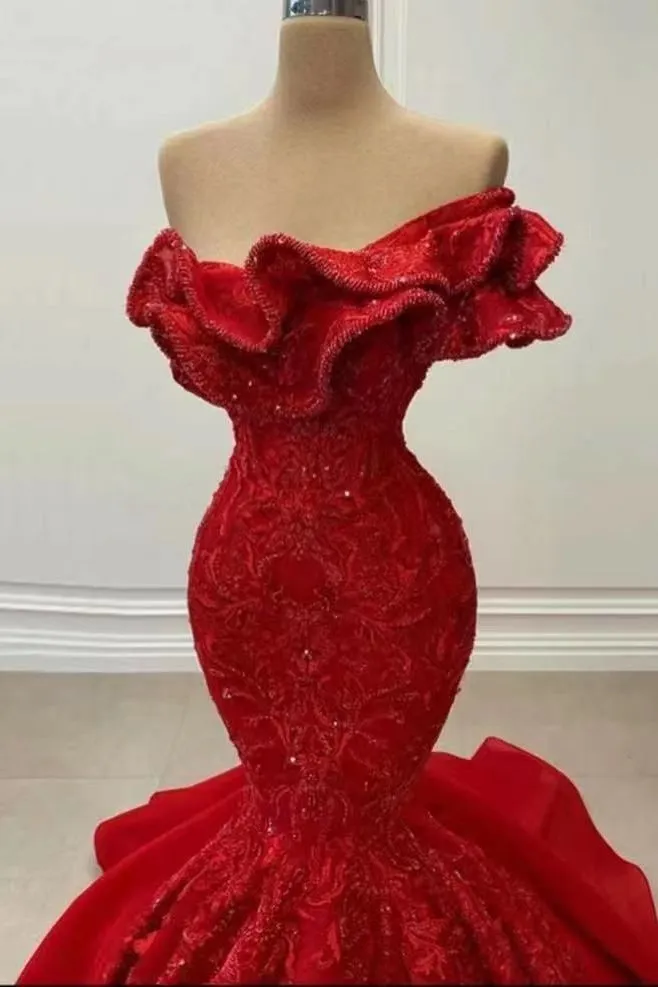 Off Shoulder Red Strapless Glitter Sequins Mermaid Prom Dress