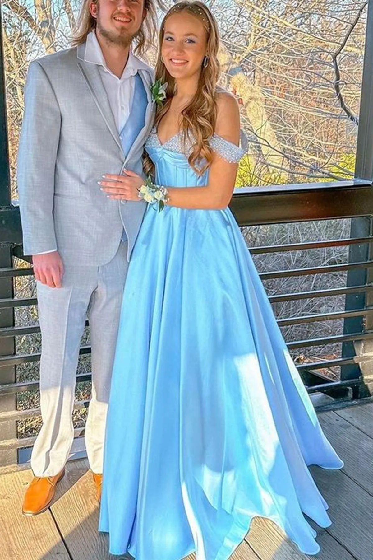 Off the Shoulder Beaded Light Blue Satin Long Prom Dresses, Light Blue Formal Graduation Evening Dresses A1853