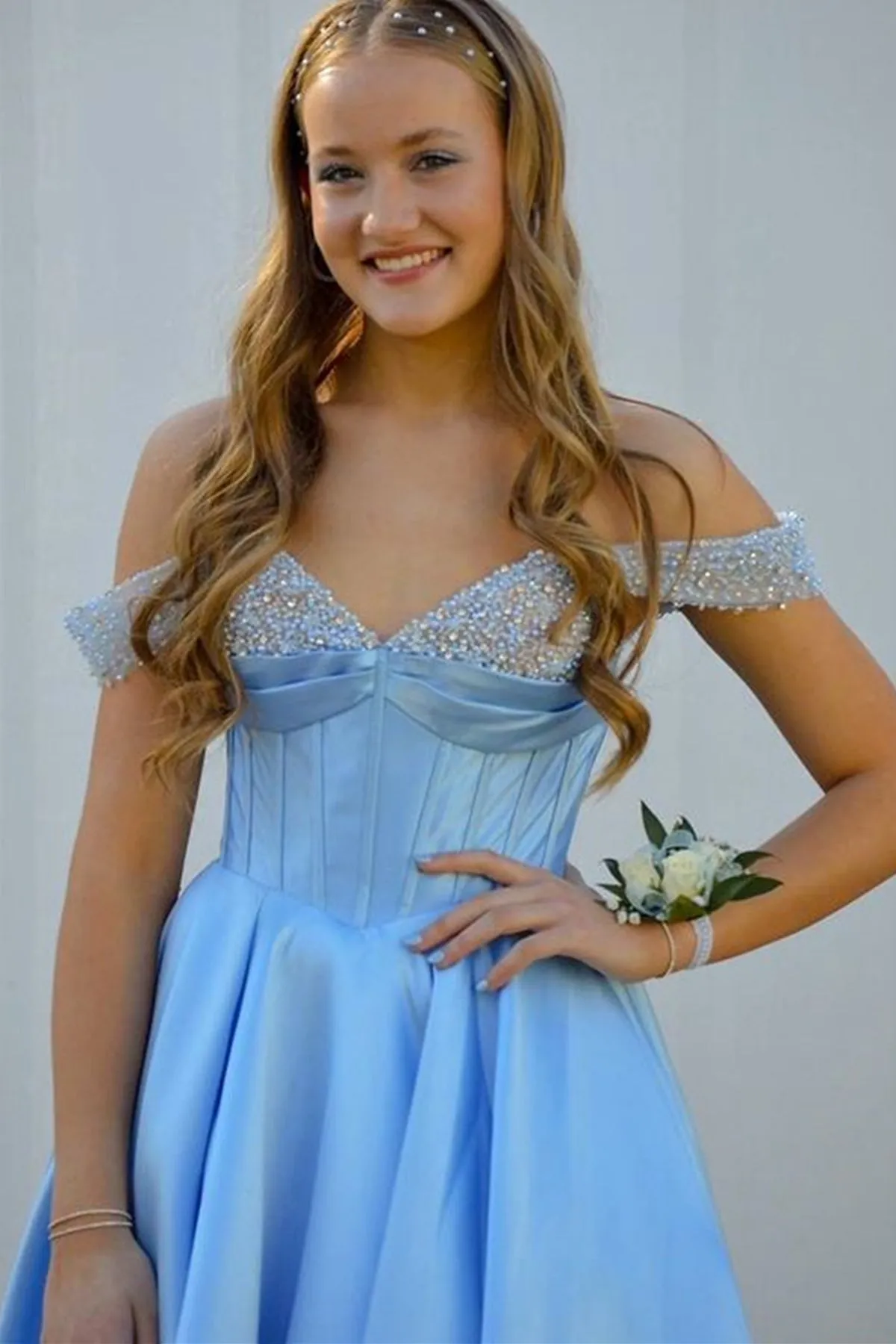 Off the Shoulder Beaded Light Blue Satin Long Prom Dresses, Light Blue Formal Graduation Evening Dresses A1853