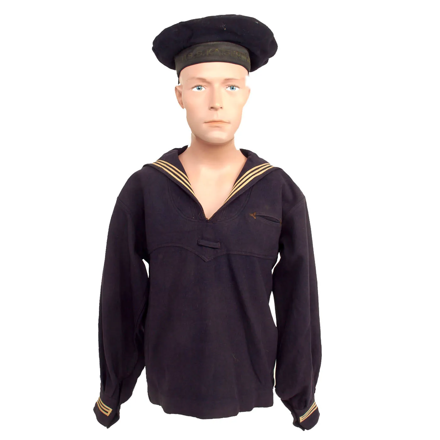 Original U.S. WWI US Navy Named Service Dress Blue Uniform Jumper with U.S.S. Kaiserin Auguste Victoria “Flat Cap”