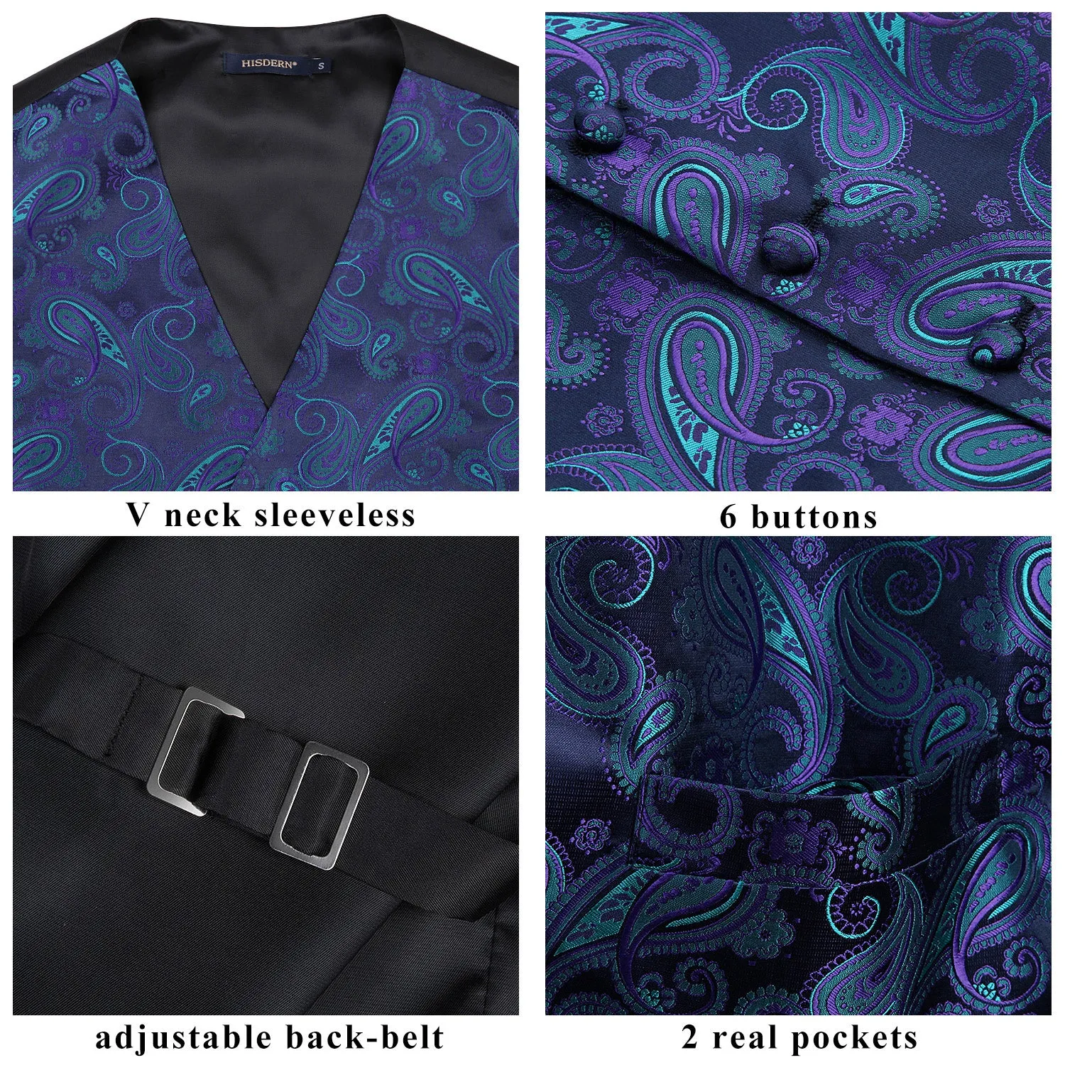 Paisley Suit Vest Tie Handkerchief Set - PURPLE & GREEN