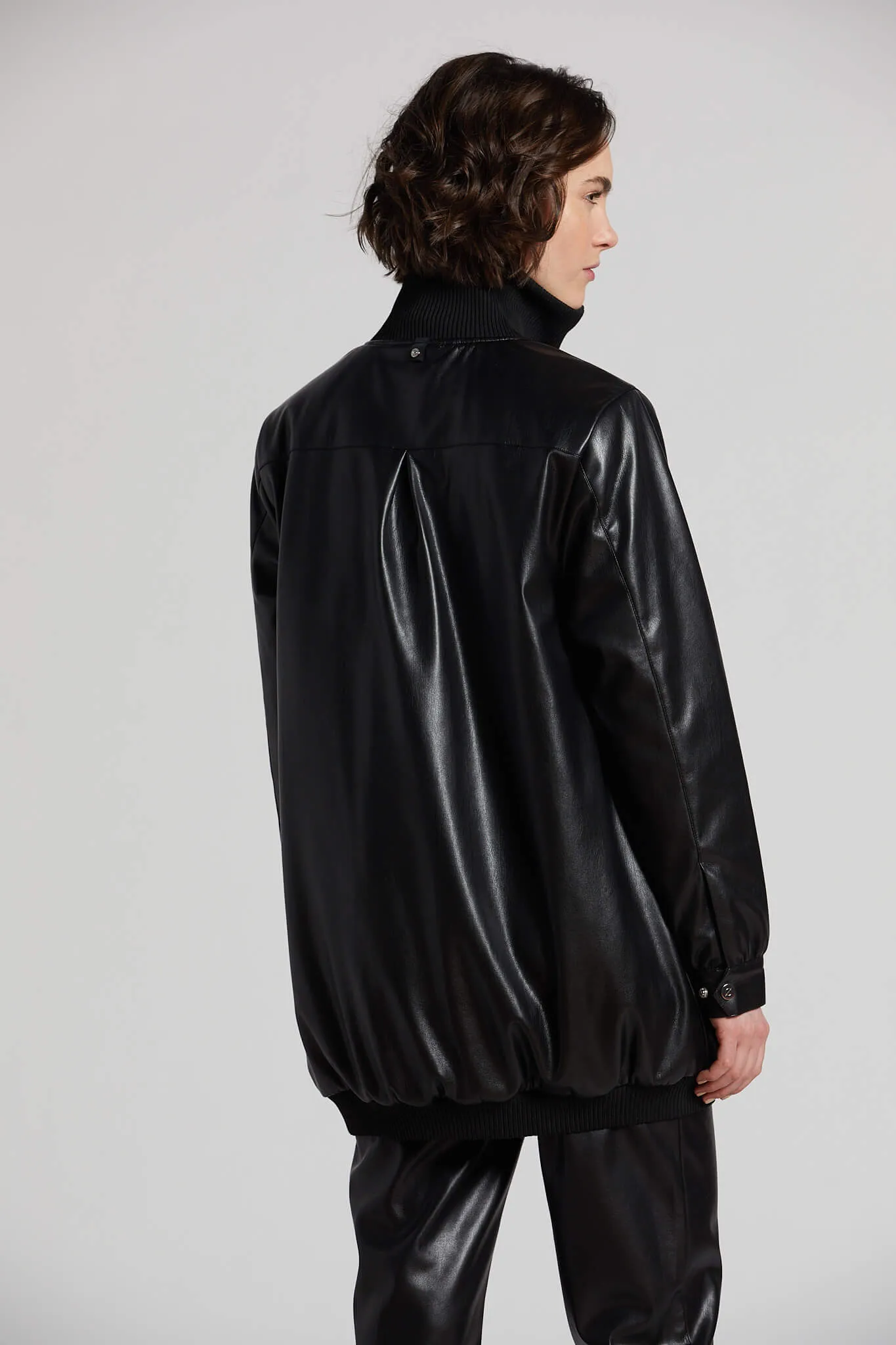 Petra Long Vegan Leather Bomber Jacket