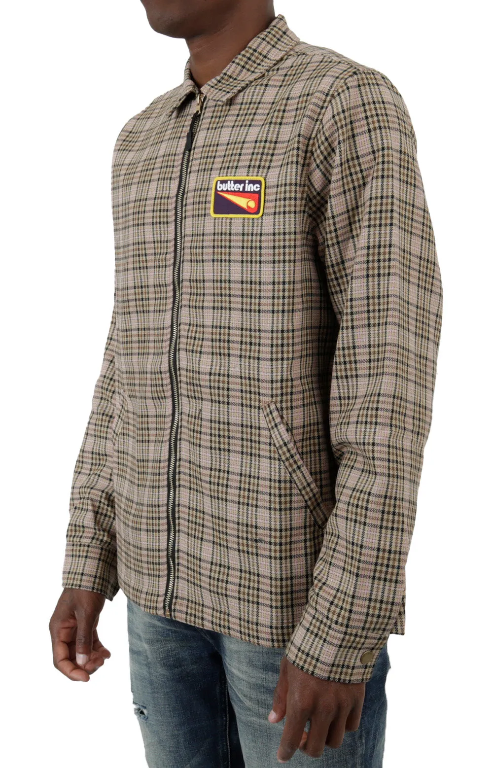 Plaid Zip Through Jacket - Tan/Brown/Pink