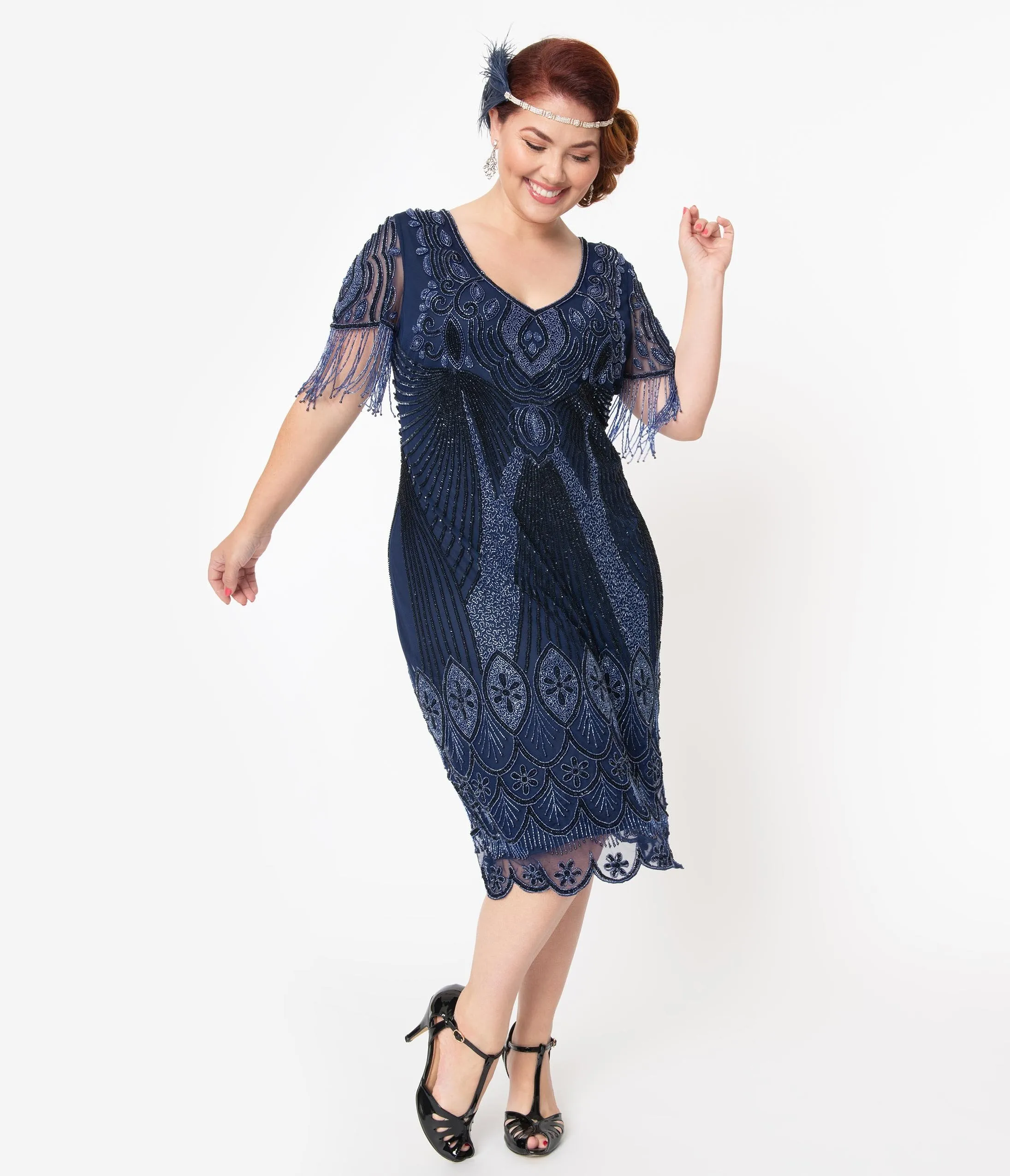 Plus Size 1920s Navy Beaded Marta Flapper Dress