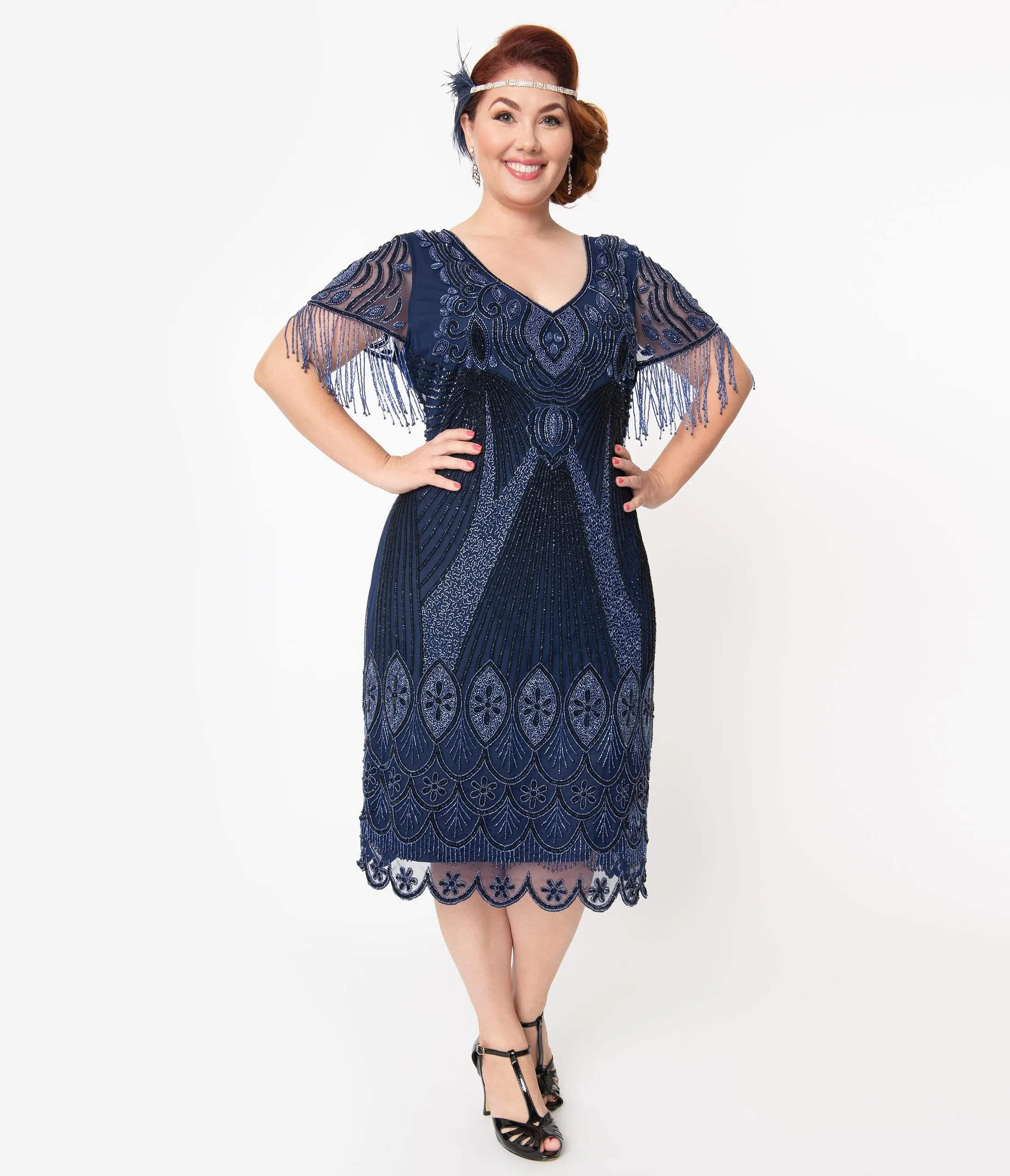 Plus Size 1920s Navy Beaded Marta Flapper Dress