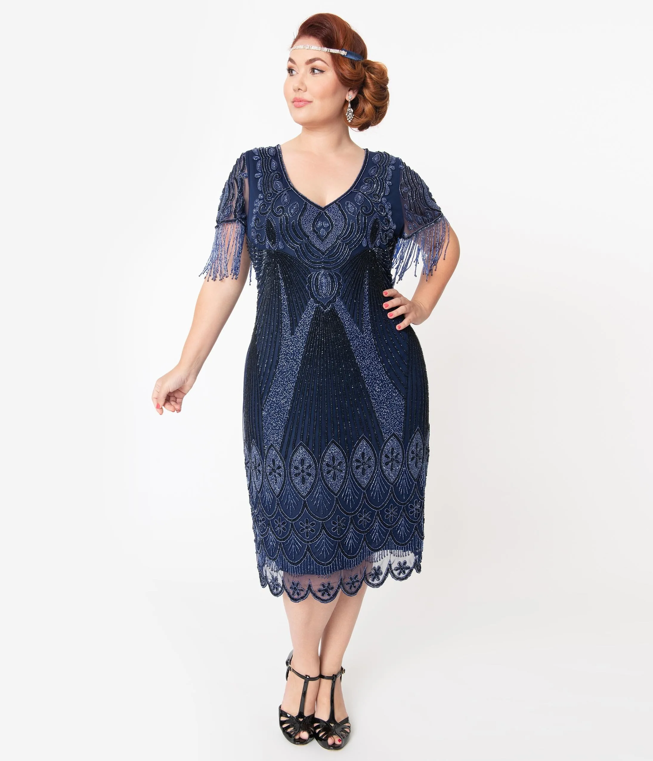 Plus Size 1920s Navy Beaded Marta Flapper Dress