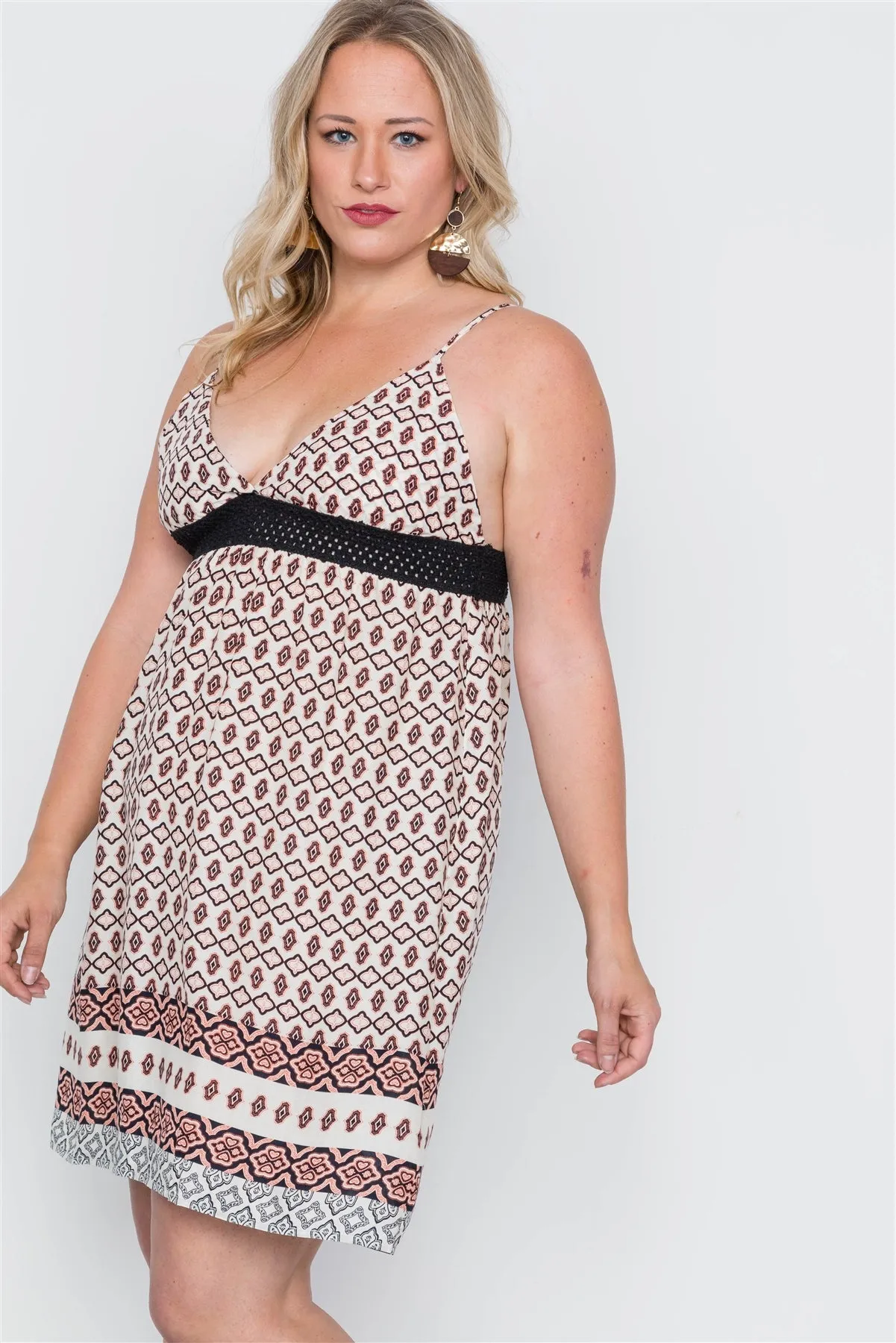 Plus Size Peach Paisley Print Cami Slip On Mini Dress