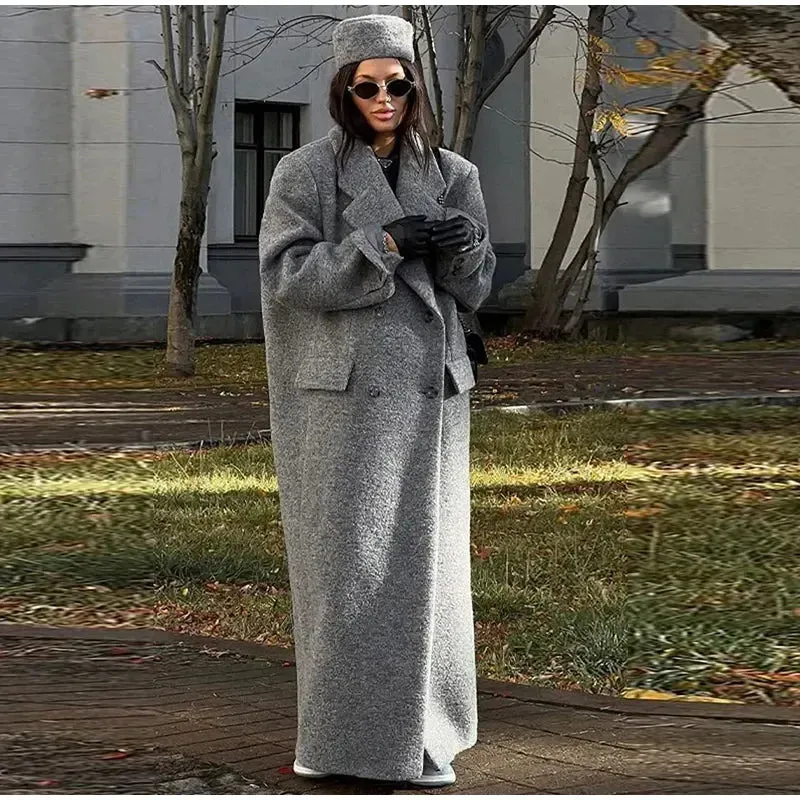 Retro Turn Down Collar Long Coat Women Autumn Solid Long Sleeve  Oversize Double Breasted Outwear