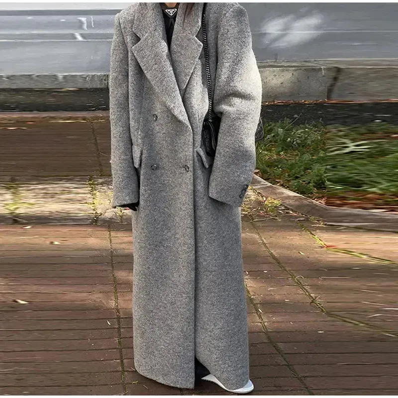 Retro Turn Down Collar Long Coat Women Autumn Solid Long Sleeve  Oversize Double Breasted Outwear