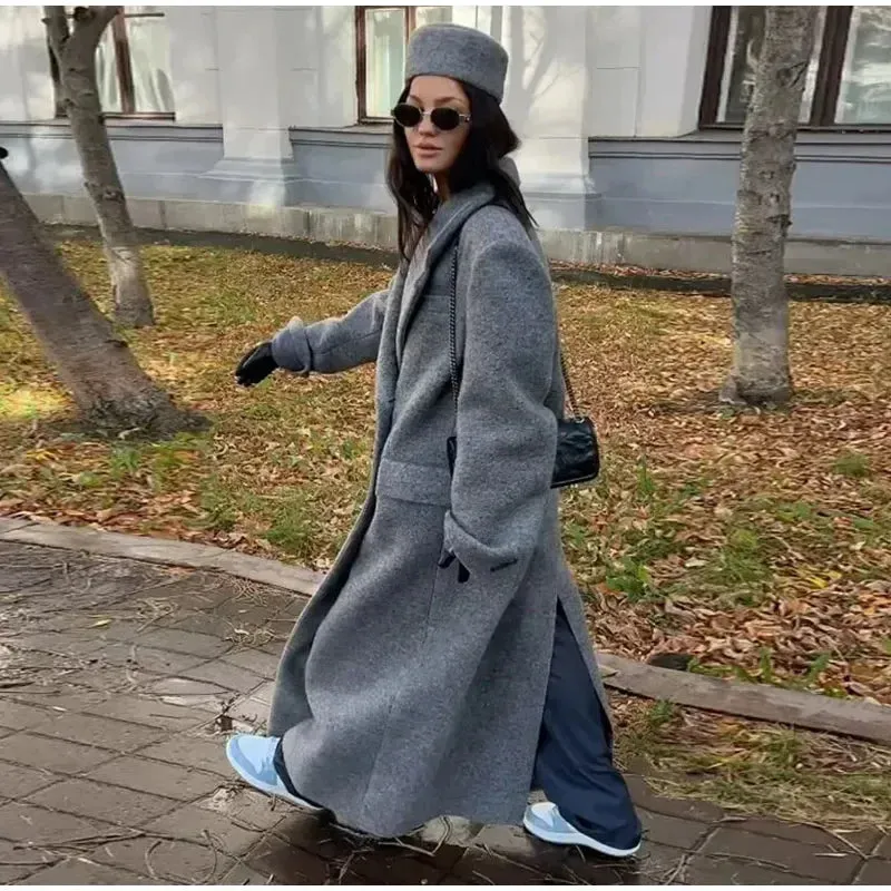 Retro Turn Down Collar Long Coat Women Autumn Solid Long Sleeve  Oversize Double Breasted Outwear