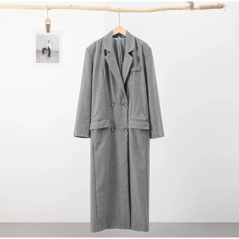 Retro Turn Down Collar Long Coat Women Autumn Solid Long Sleeve  Oversize Double Breasted Outwear