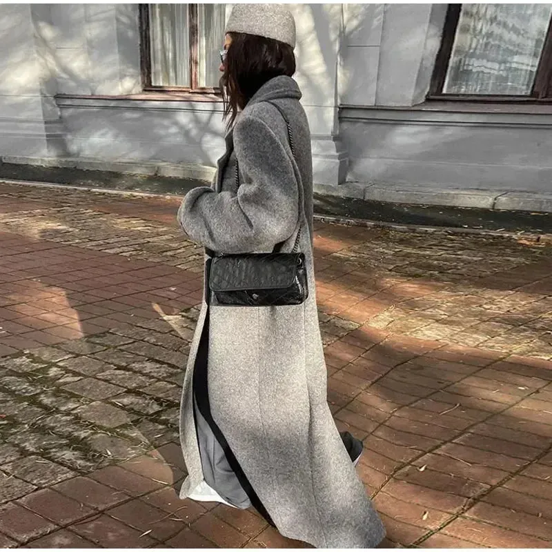 Retro Turn Down Collar Long Coat Women Autumn Solid Long Sleeve  Oversize Double Breasted Outwear