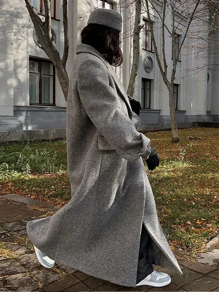 Retro Turn Down Collar Long Coat Women Autumn Solid Long Sleeve  Oversize Double Breasted Outwear