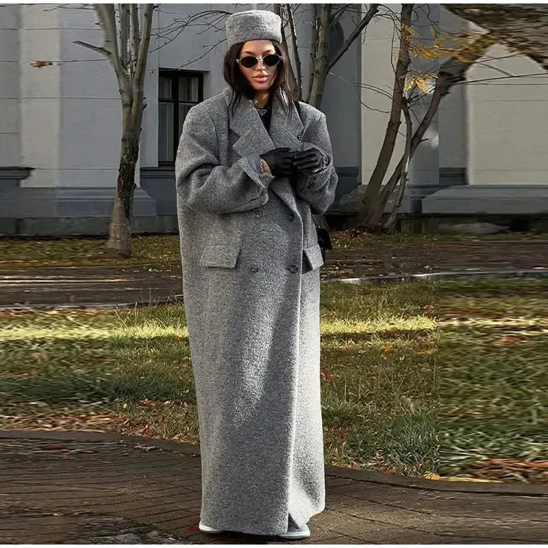 Retro Turn Down Collar Long Coat Women Autumn Solid Long Sleeve  Oversize Double Breasted Outwear