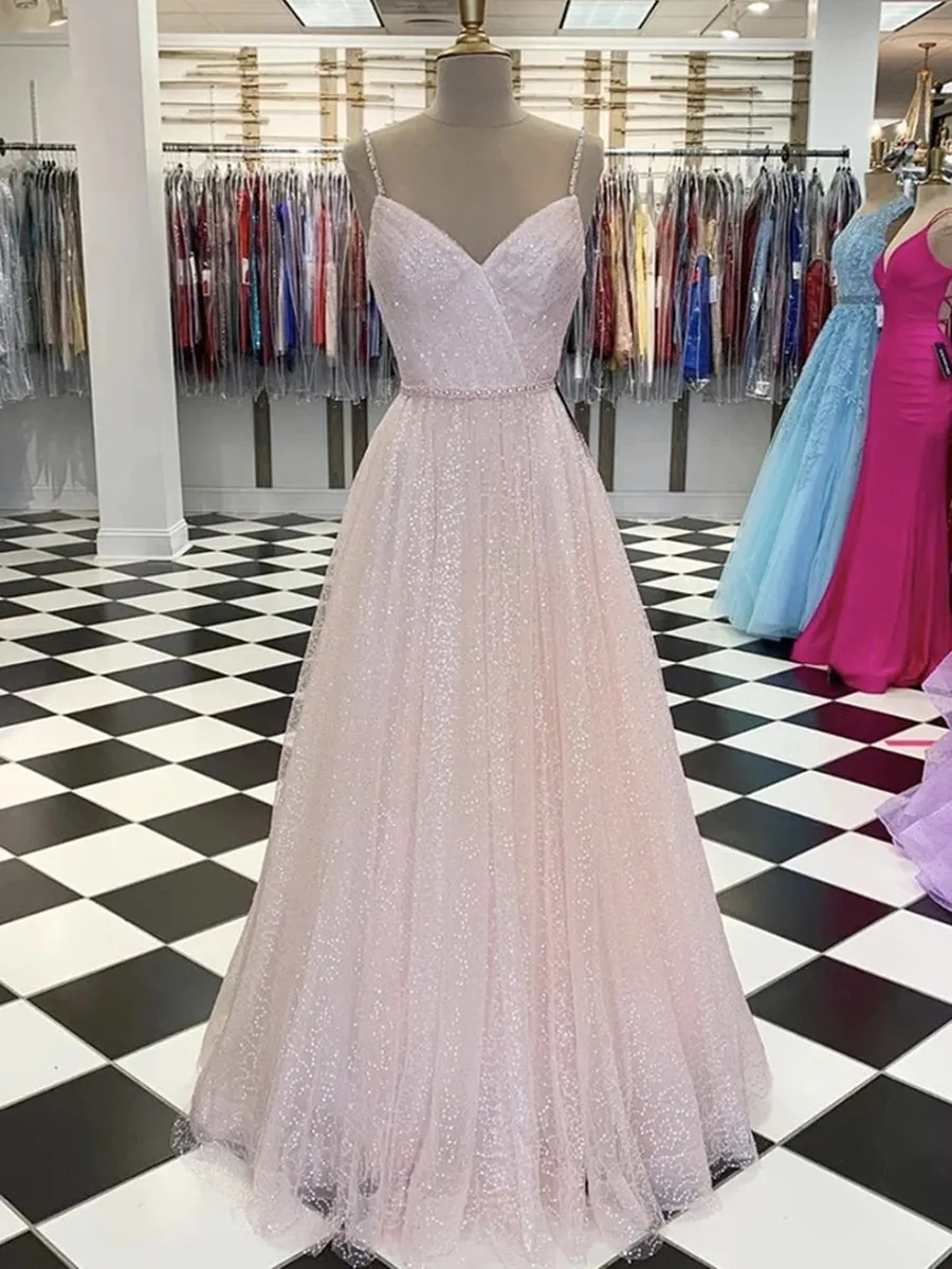 Shiny A Line V Neck Sequins Pink Long Prom, V Neck Pink Formal Graduation Evening