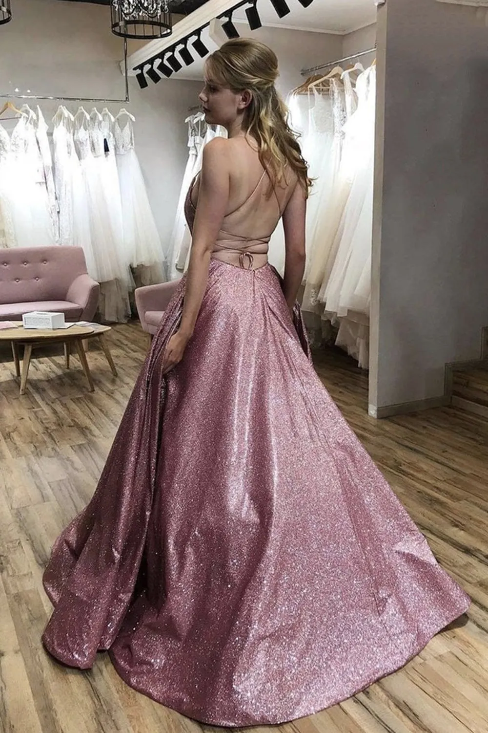 Shiny Open Back Thin Strap Pink Long Prom, Backless Pink Formal Evening