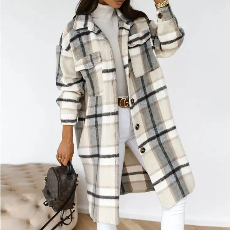 Single Breasted Trench Coat Fashion Long Autumn Winter Women's Clothing Long Sleeve Woolen Plaid Overcoat Coat B-25868