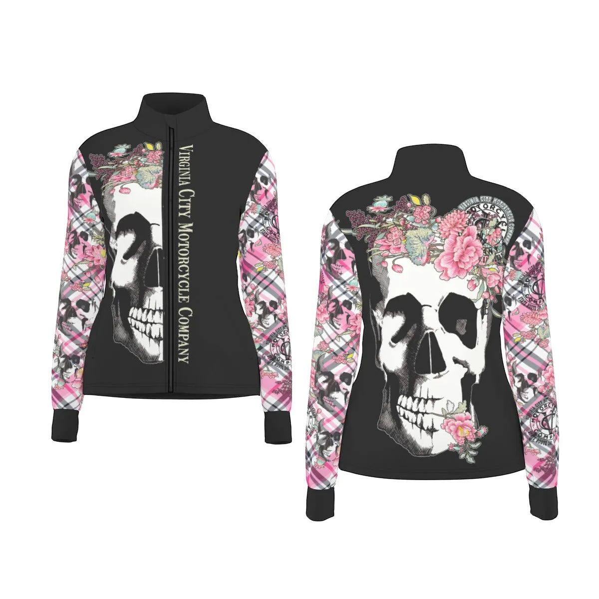 Skull   Flower Ladies Zip Up Thumbhole Jacket