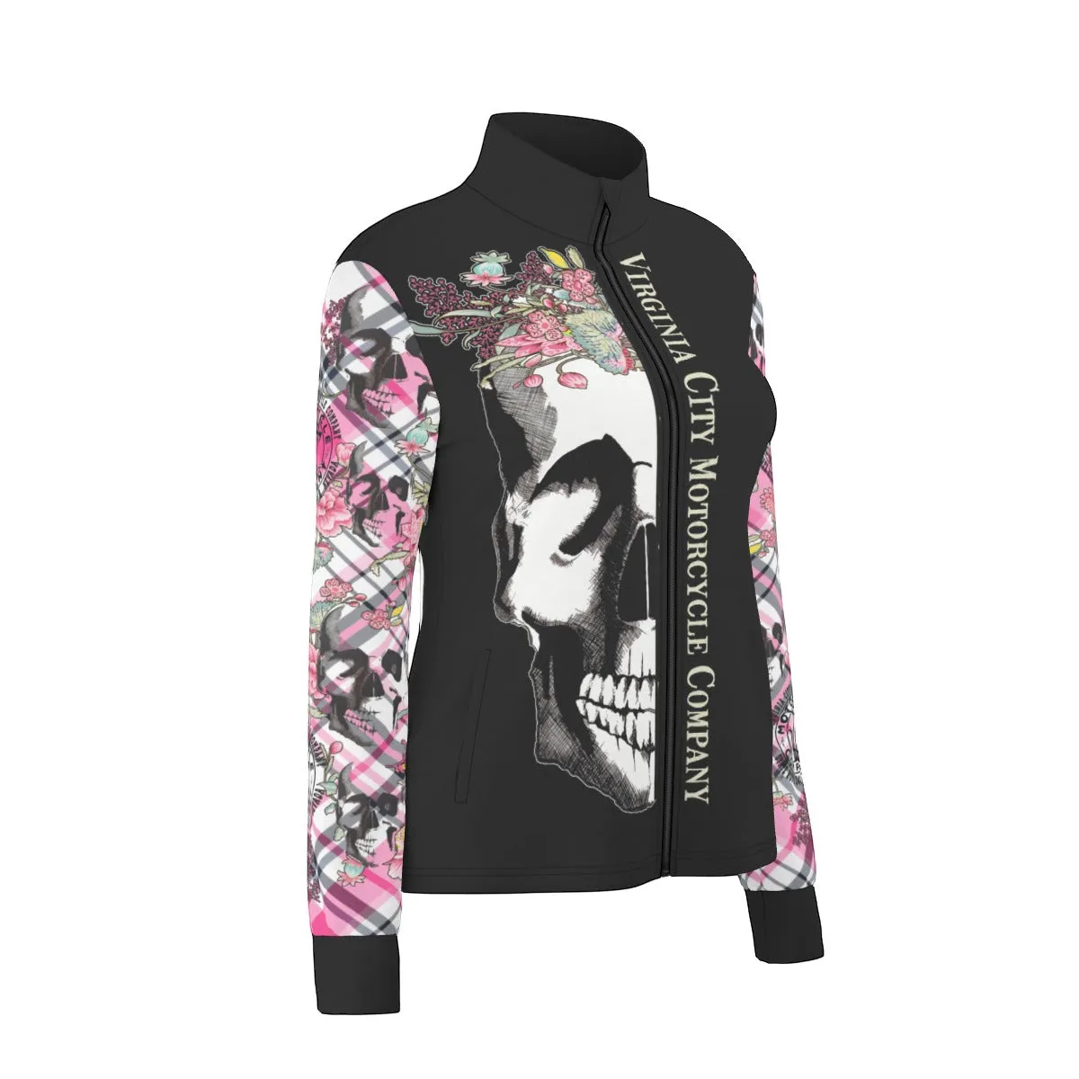 Skull   Flower Ladies Zip Up Thumbhole Jacket