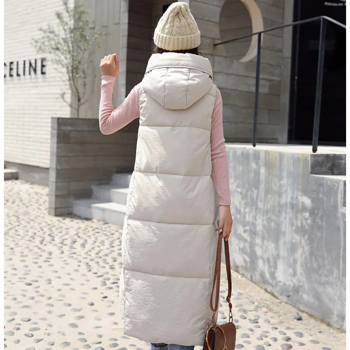 Sleeveless Hooded Zip-Up Calf-Length Puffer Coat