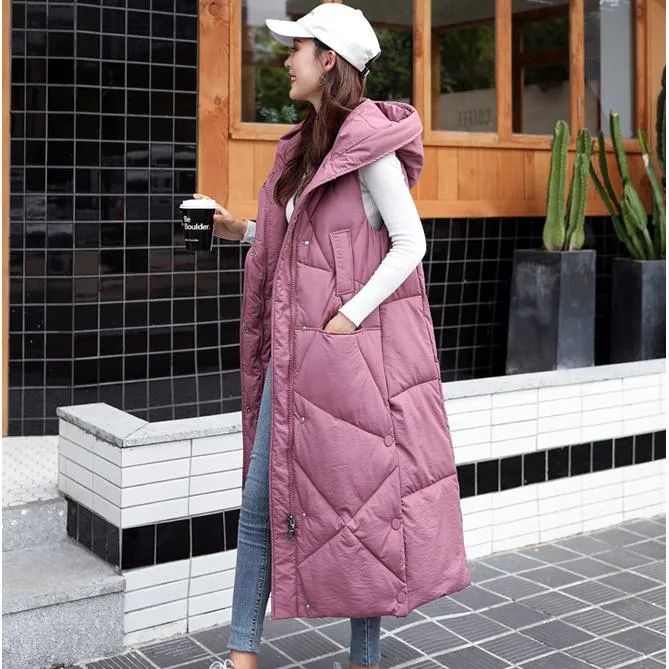 Sleeveless Hooded Zip-Up Calf-Length Puffer Coat