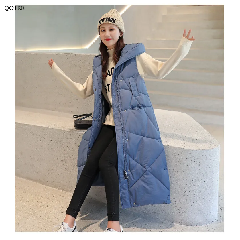 Sleeveless Hooded Zip-Up Calf-Length Puffer Coat