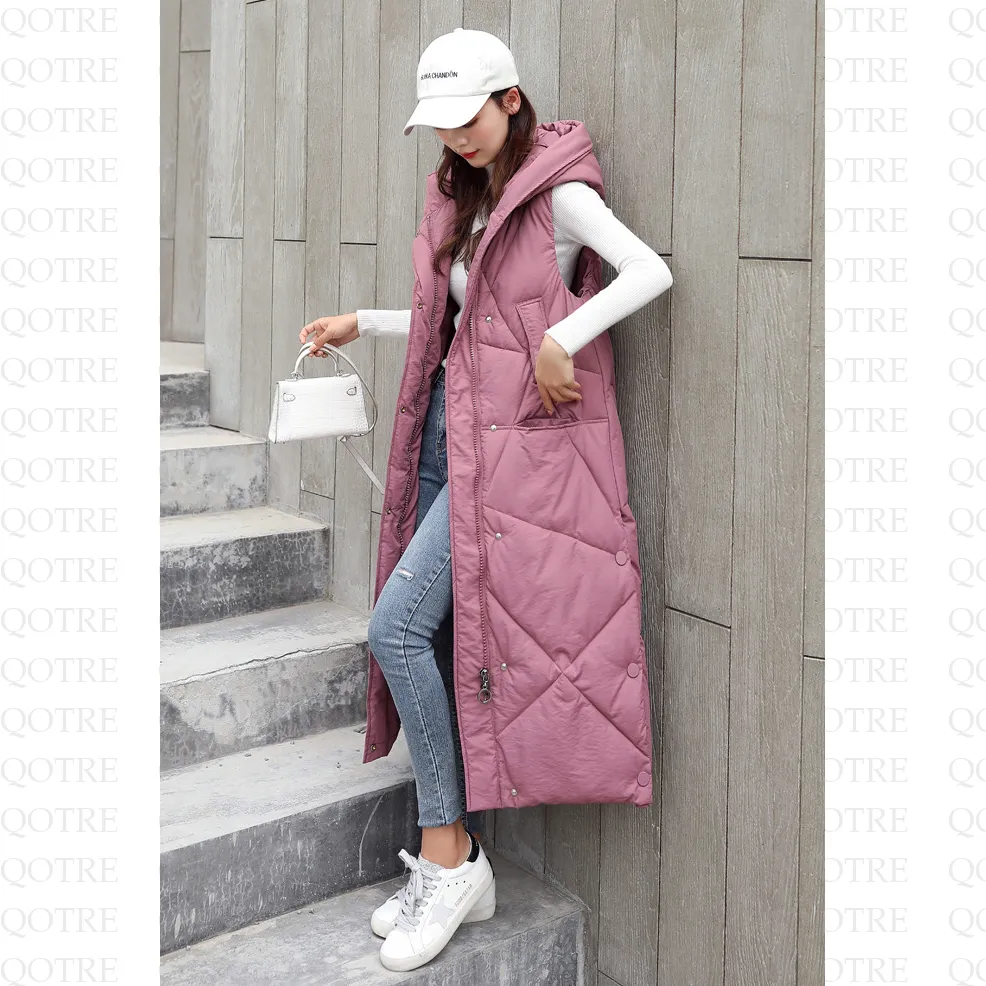 Sleeveless Hooded Zip-Up Calf-Length Puffer Coat