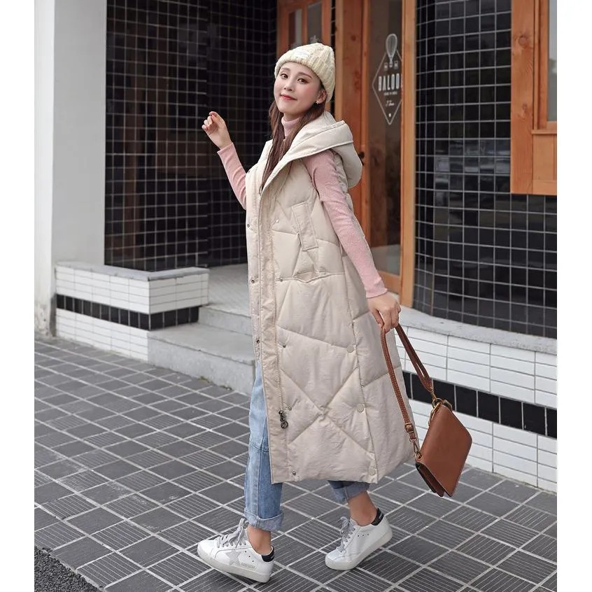 Sleeveless Hooded Zip-Up Calf-Length Puffer Coat