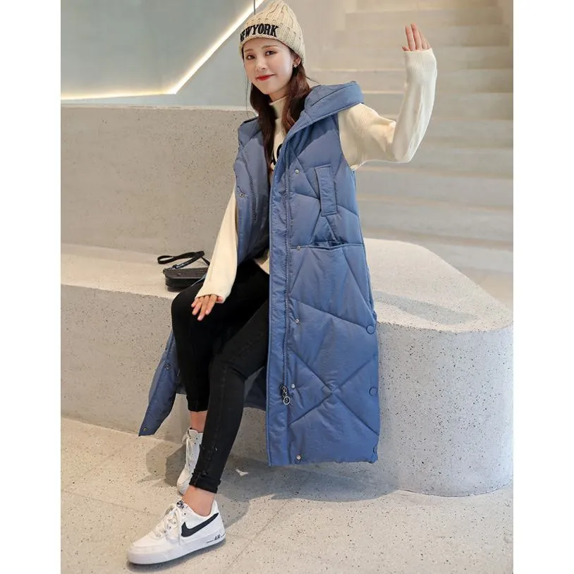 Sleeveless Hooded Zip-Up Calf-Length Puffer Coat