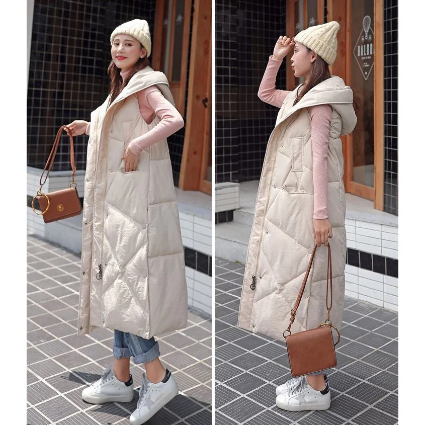 Sleeveless Hooded Zip-Up Calf-Length Puffer Coat