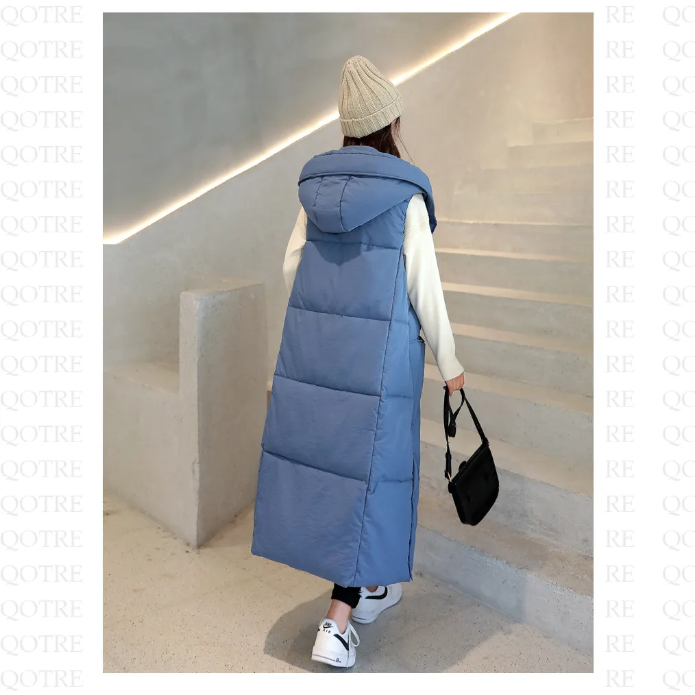 Sleeveless Hooded Zip-Up Calf-Length Puffer Coat