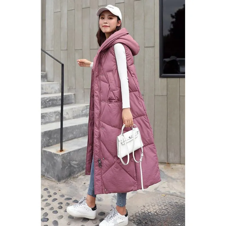 Sleeveless Hooded Zip-Up Calf-Length Puffer Coat