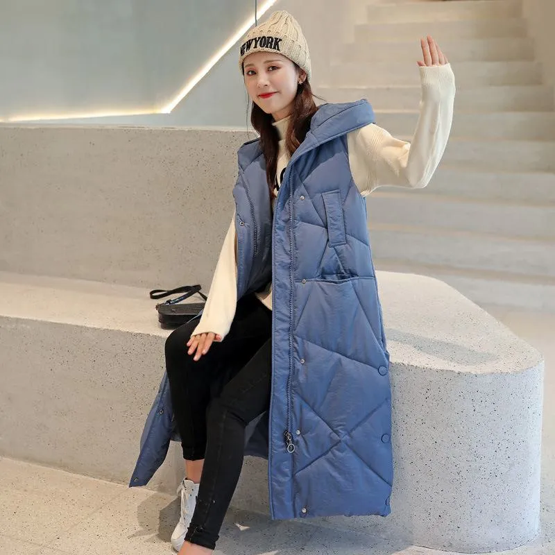 Sleeveless Hooded Zip-Up Calf-Length Puffer Coat