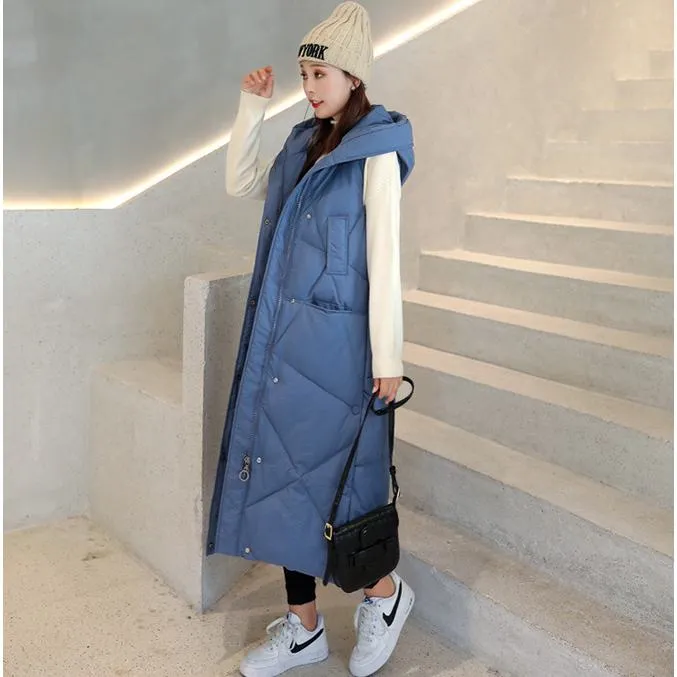 Sleeveless Hooded Zip-Up Calf-Length Puffer Coat