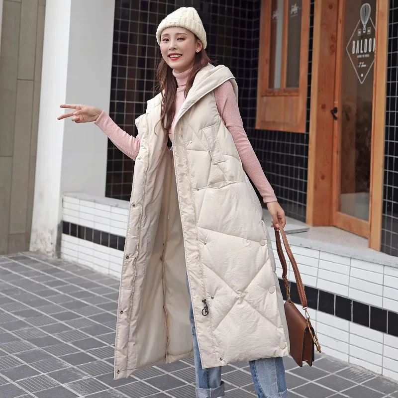 Sleeveless Hooded Zip-Up Calf-Length Puffer Coat