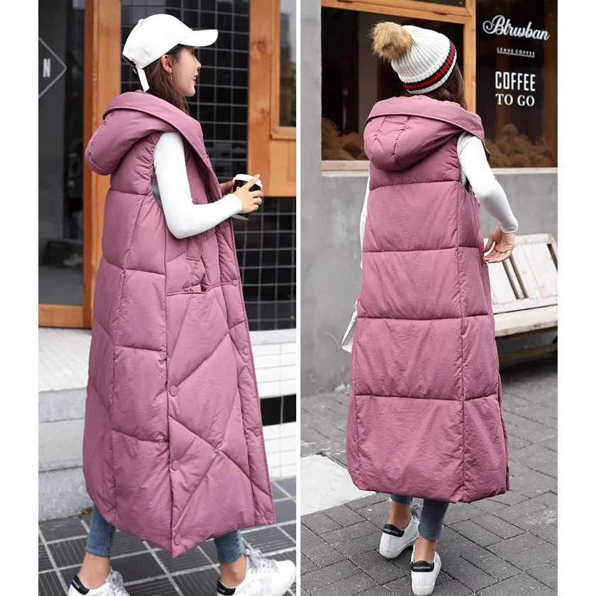 Sleeveless Hooded Zip-Up Calf-Length Puffer Coat