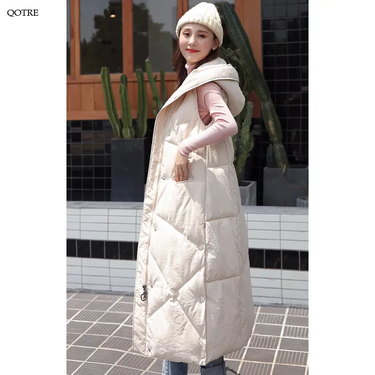 Sleeveless Hooded Zip-Up Calf-Length Puffer Coat