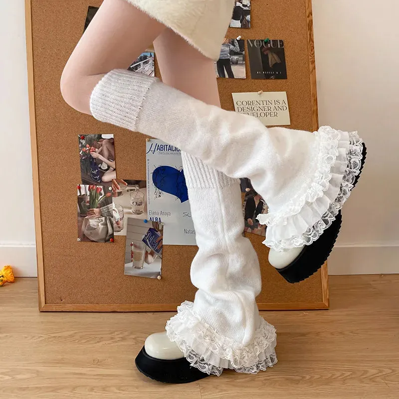 Sohiwoo Punk Dark Black Leg Warmers Lace Over Knee Socks Winter Warm Knit Y2K Leg Covers Harajuku Boot Cuffs Japanese JK Lolita Sock