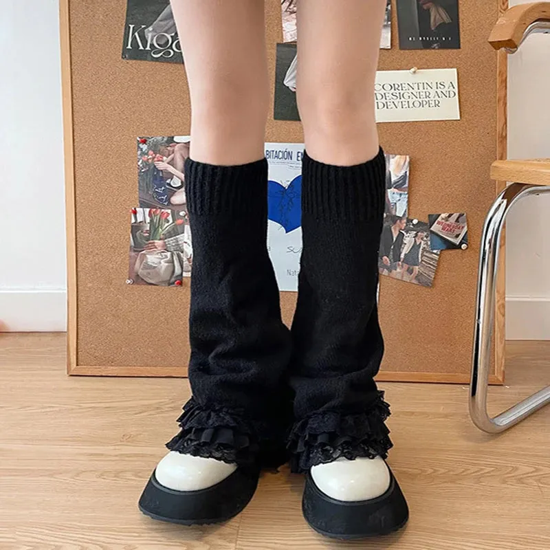 Sohiwoo Punk Dark Black Leg Warmers Lace Over Knee Socks Winter Warm Knit Y2K Leg Covers Harajuku Boot Cuffs Japanese JK Lolita Sock