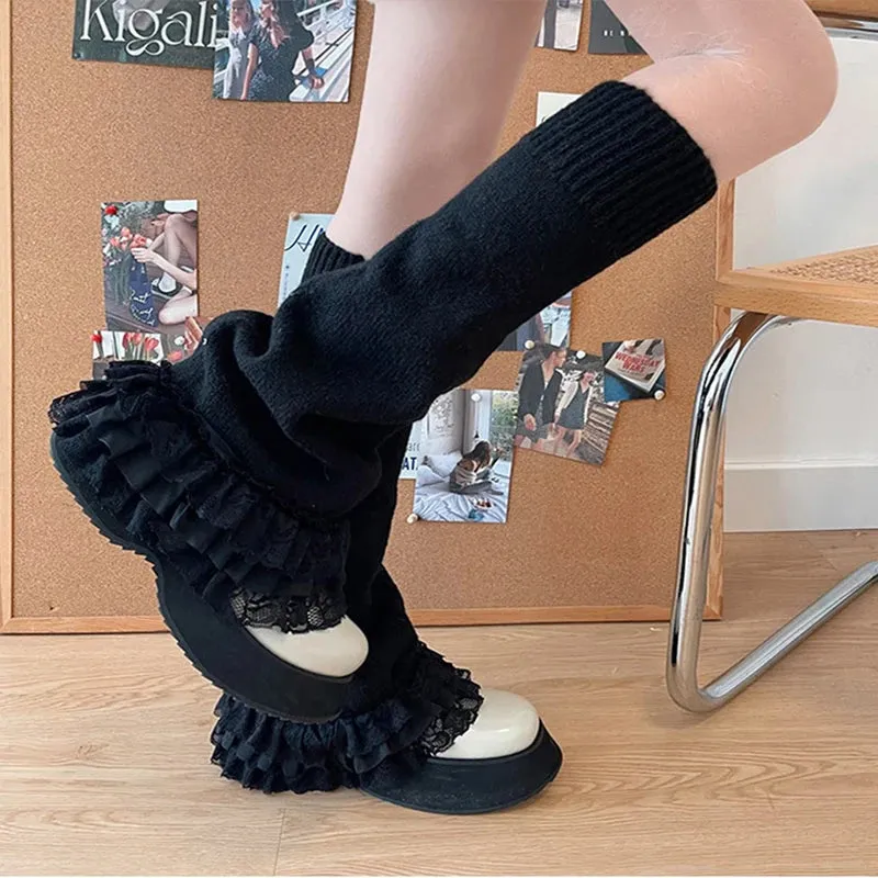 Sohiwoo Punk Dark Black Leg Warmers Lace Over Knee Socks Winter Warm Knit Y2K Leg Covers Harajuku Boot Cuffs Japanese JK Lolita Sock