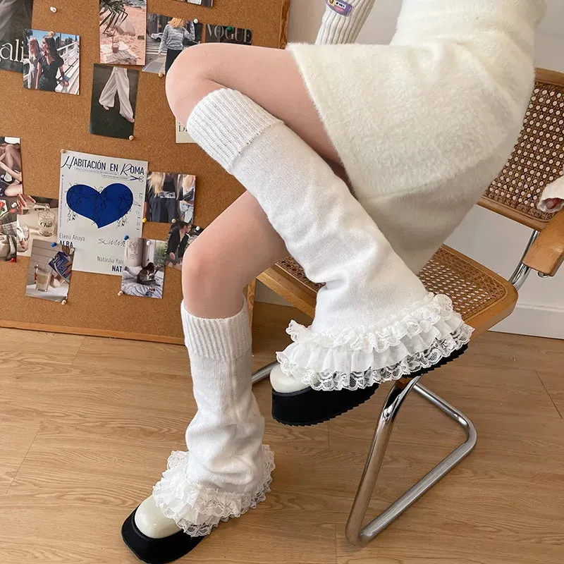 Sohiwoo Punk Dark Black Leg Warmers Lace Over Knee Socks Winter Warm Knit Y2K Leg Covers Harajuku Boot Cuffs Japanese JK Lolita Sock