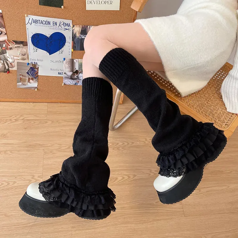 Sohiwoo Punk Dark Black Leg Warmers Lace Over Knee Socks Winter Warm Knit Y2K Leg Covers Harajuku Boot Cuffs Japanese JK Lolita Sock