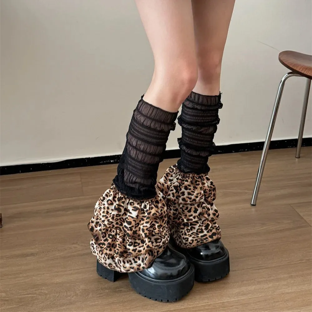 Sohiwoo Sexy Leopard Print Layer Leg Warmers Y2k Lace Leg Cover Lolita Gothic Summer Stockings Leg Socks Japanese JK Sock Accessories